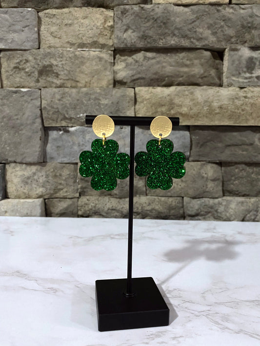 Green Sparkle Clover Dangle Earrings