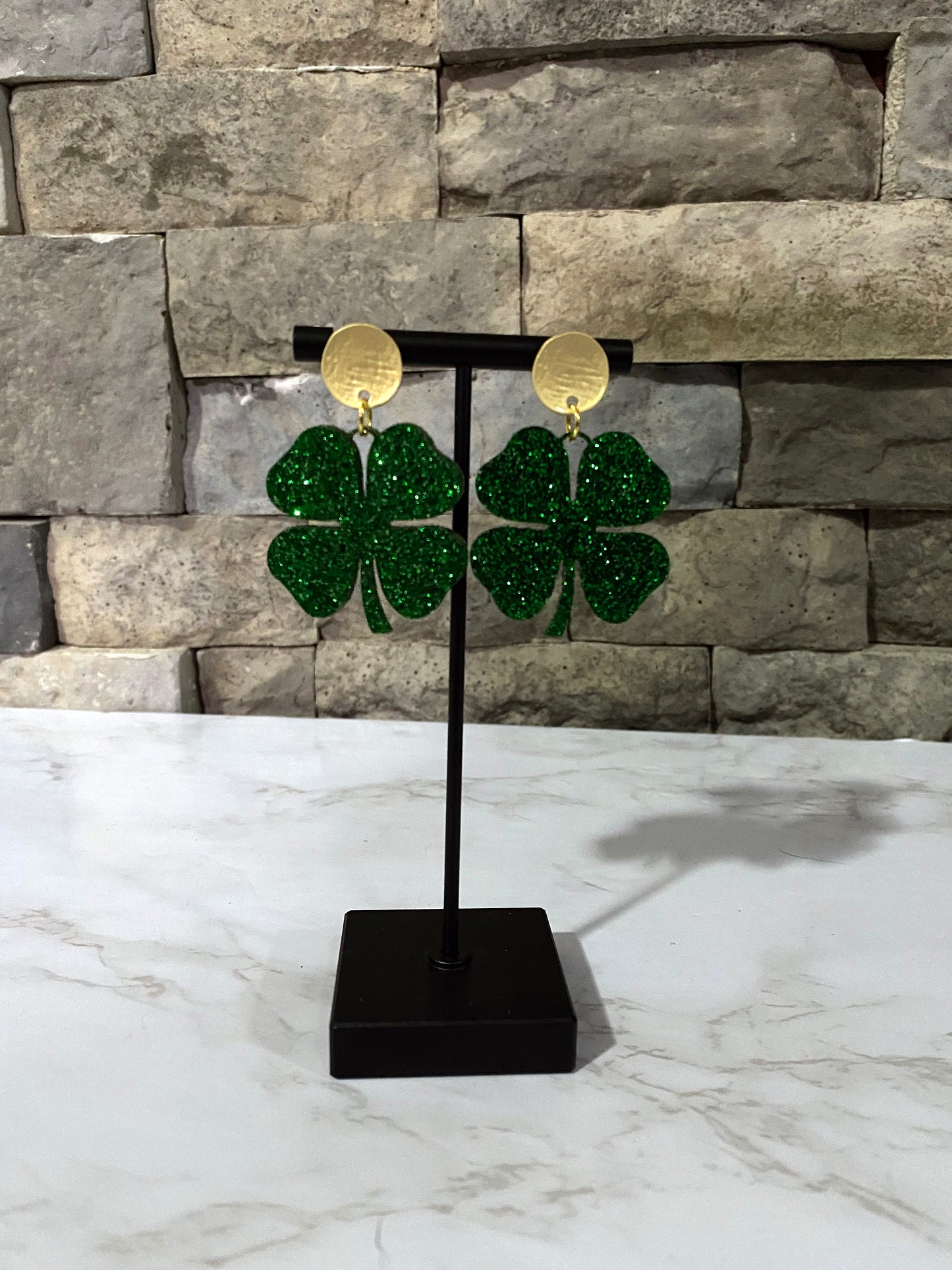 Green Sparkle Clover Dangle Earrings