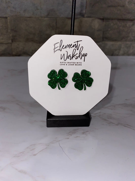 Green Sparkle Clover Stud Earrings